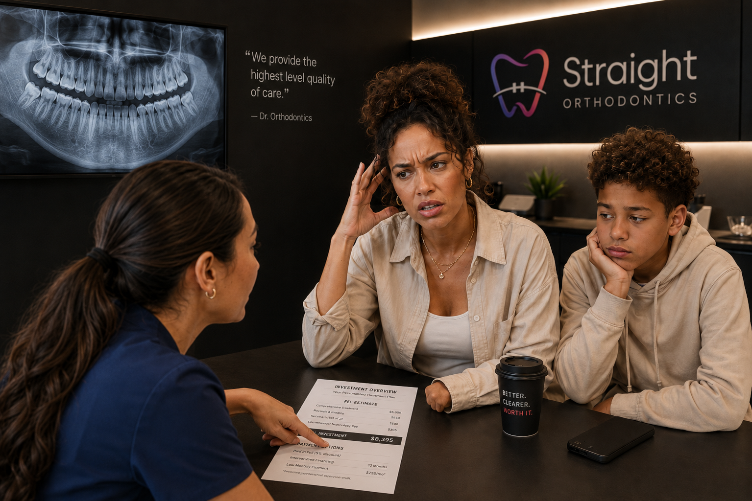 A Millennial mom in a consult looking confused while reviewing a fee sheet.